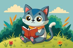 A cheerful orange cat reading a book in a serene meadow surrounded by trees and flowers on a bright sunny day vector