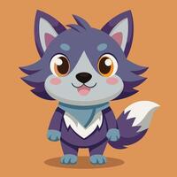 A cheerful cartoon wolf with big eyes and a fluffy tail sitting against a light blue background, showcasing a playful expression and cute features vector