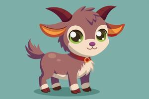 Cute animated goat character with blue fur and curly horns standing on a light green background, showcasing an adorable expression and playful stance vector