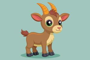 Cute cartoon goat character standing on a green patch against a light yellow background in an animated style vector