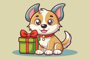 Cute cartoon dog with a gift box featuring a red bow in a cheerful setting, showcasing playful charm and joy vector