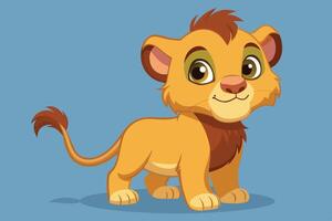 Cartoon lion cub standing playfully on a blue background, showcasing its adorable features and bright colors during a playful scene vector
