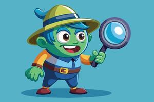 A young detective with a magnifying glass exploring a colorful background in search of clues on a bright day vector