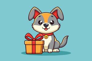 Adorable cartoon dog sitting beside a colorful gift box creating a cheerful atmosphere in a light blue background vector