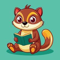A cute cartoon animal reading a book with big eyes and a bushy tail in a warm, inviting environment vector