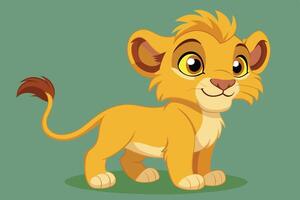 A cheerful young lion cub stands playfully against a simple green background, showcasing its adorable features and vibrant colors vector