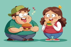 Happy child enjoying a large hamburger with lettuce and tomato in a playful cartoon style against a bright background vector