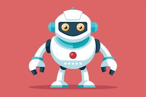 Friendly cartoon robot standing against a bright red background, showcasing its cheerful design and features with oversized eyes and blue accents vector