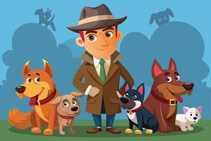 A person dressed in a detective outfit stands confidently surrounded by various playful dogs in a vibrant park setting vector
