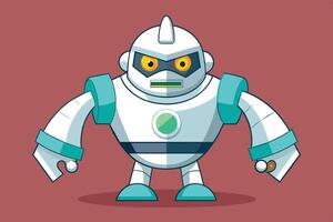 A cartoon robot character with a menacing expression and strong build stands boldly against a simple maroon background vector