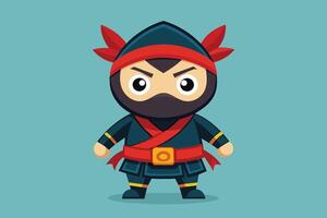 A cartoon ninja character in a black outfit with a red sash and headband standing confidently against a pastel background vector