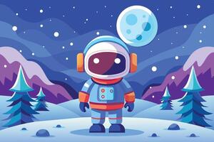 An astronaut stands on a snowy landscape under a starry sky with mountains and a large moon in the background during a nighttime adventure vector
