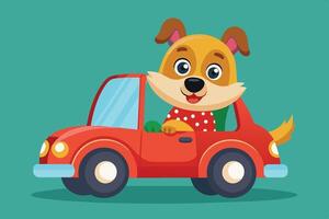 A cheerful dog drives a bright red car, showcasing a playful adventure scene in a fun cartoon style against a vibrant background vector