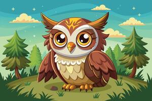 Cute cartoon owl standing on a grassy hill surrounded by trees under a bright sky filled with fluffy clouds vector