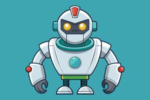 Friendly cartoon robot character standing confidently against a teal background, designed for playful and imaginative themes or educational purposes vector