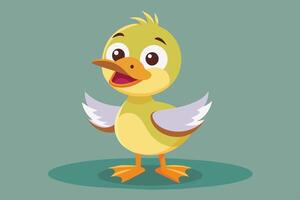 A cheerful cartoon duck with wings flapping joyfully against a soft green background in a playful illustration vector