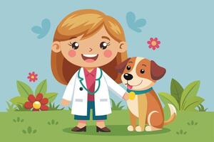 A cheerful girl in a lab coat stands with her friendly dog against a bright teal background while promoting caring for pets in a playful setting vector