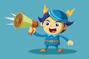 Cheerful cartoon boy in blue vest enthusiastically holds a megaphone while promoting an event on a vibrant teal background vector
