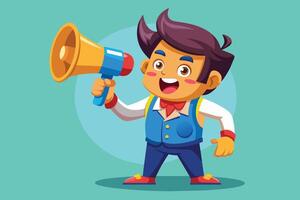 Young boy enthusiastically shouting through a megaphone while dressed in a formal outfit, set against a solid turquoise background vector