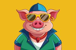 Cool cartoon pig wearing sunglasses and a cap, posing confidently against a bright yellow background in a playful setting vector