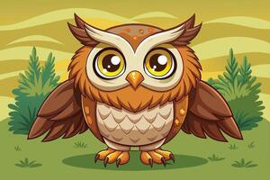 A cute cartoon owl perched on a grassy patch surrounded by trees under a colorful sky during a sunny day vector