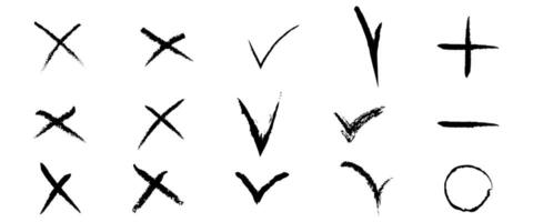 Set of red green check marks doodle icons with brush strokes styles. Grainy, grungy, dusty, rusty, or dirty textured symbol. Yes or no sign. Hand drawn graffiti elements vector