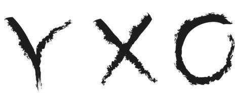 Set check marks doodle icons with brush strokes styles. Grainy, grungy. Yes or no sign. Hand drawn graffiti elements for checkbox and voting vector