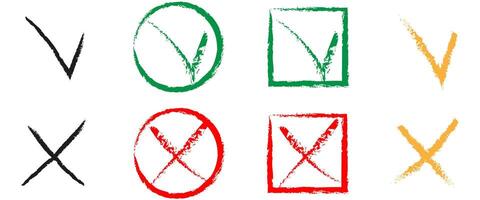 Set of red green check marks doodle icons with brush strokes styles. Grainy, grungy, dusty, rusty, or dirty textured symbol. Yes or no sign. vector