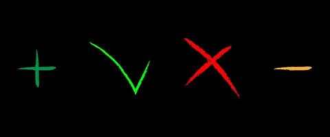 Set of red green check marks doodle icons with brush strokes styles. Grainy, grungy, dusty, rusty, or dirty textured symbol. vector