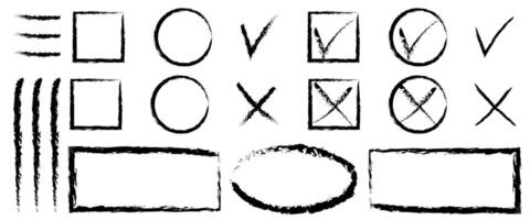 Set check marks doodle icons with brush strokes styles. vector