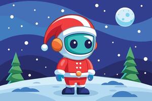 A cheerful robot in a red Santa suit stands in a snowy landscape under a bright moon and pine trees during winter festivities vector