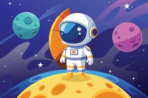 An astronaut stands on a vibrant moon, gazing at nearby colorful planets in a whimsical outer space setting during an imaginary journey vector