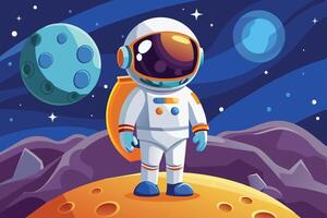 An astronaut stands on a colorful lunar landscape under a starry sky, surrounded by celestial bodies and distant planets during a cosmic exploration vector