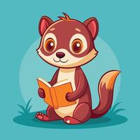 A cute cartoon animal reading a book while sitting on the grass, set against a blue background during daytime vector