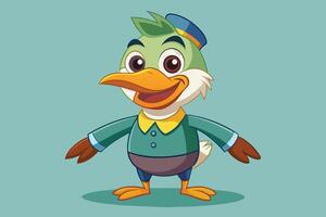 A cheerful duck in a blue outfit and green cap smiles against a pastel background, featuring a friendly and colorful design vector