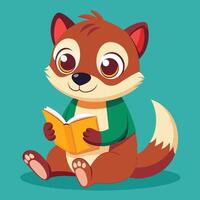 Cute cartoon ferret reading a book while sitting on the grass with a blue background and sparkles around it vector