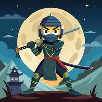 A cartoon ninja stands poised with a sword against a moonlit backdrop, showcasing stealth and determination during a nighttime mission vector