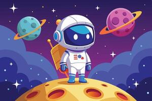 A colorful astronaut explores a vibrant lunar landscape surrounded by planets and stars in a whimsical space setting vector
