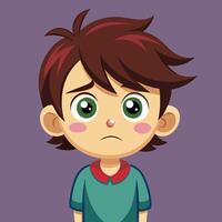 A young boy with big green eyes and a worried expression stands against a simple background, dressed in a colorful sweater vector