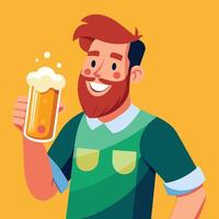 A cheerful man in a colorful jacket enjoys a pint of beer against a vibrant blue background with green leaves vector