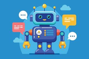 Friendly cartoon robot character with speech bubbles in colorful design against a blue background vector