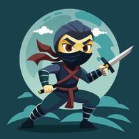 A skilled ninja stands confidently in a dark forest under a full moon with mountains in the background, ready for an adventure at night vector