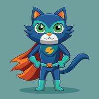 A superhero cat character in a blue costume with a cape, striking a confident pose against a simple background vector