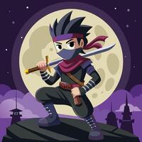 A young ninja character stands confidently under a full moon while wielding a katana in a dark, atmospheric setting vector