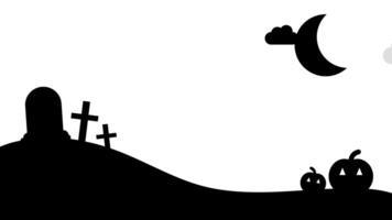 Happy Halloween animated text in a cartoon style background with grave, pumpkin, and moon video