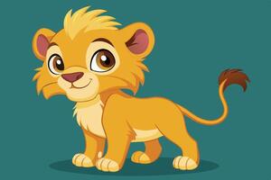 A cheerful cartoon lion cub standing happily against a teal background, showcasing its bright colors and playful expression vector