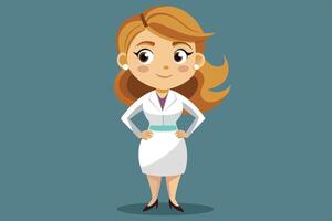 A confident female character in a white coat with a turquoise belt standing against a solid background ideal for professional or educational contexts vector