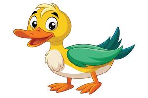 A cheerful yellow cartoon duck with green wings stands in a playful pose, showcasing its happy expression and vibrant features vector