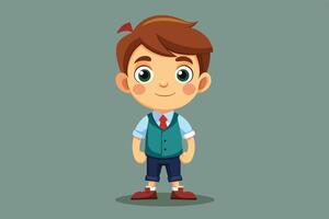 A cheerful boy in a green vest and bow tie stands confidently with a friendly smile against a simple gray background vector