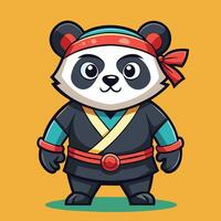 A fierce cartoon panda in a ninja outfit stands confidently against a vibrant orange background, ready for action with a determined expression vector